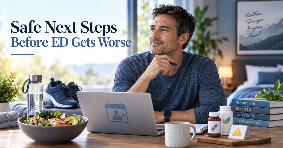Men's health action plan for erectile dysfunction including sleep exercise medical assessment and avoiding online ED pills