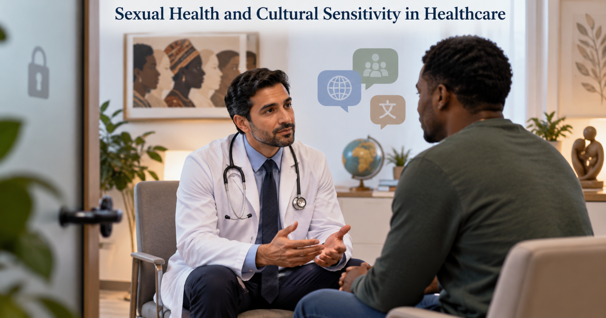 Male patient speaking with a male doctor in a private consultation about sexual health with culturally sensitive communication