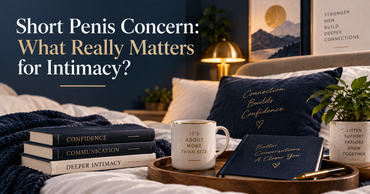 Educational visual about comfortable intimacy planning for men concerned about shorter penis size