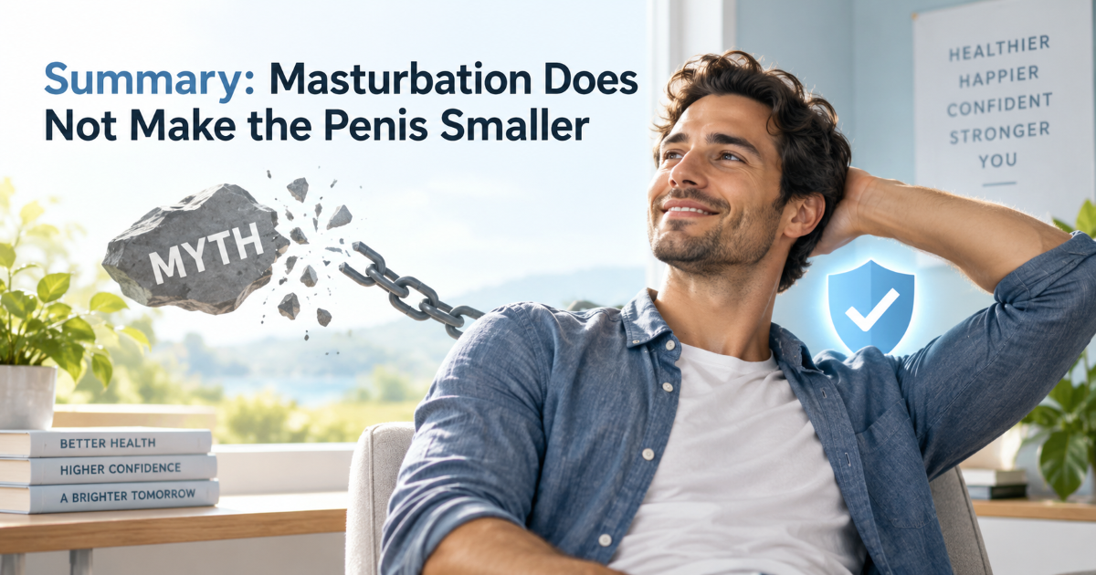 Summary visual showing masturbation does not permanently reduce penis size and size concerns should be assessed with accurate information