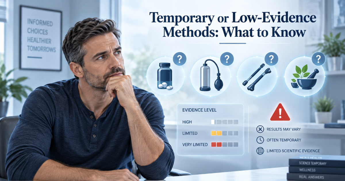 Temporary and low evidence penis enlargement methods including pills creams pumps and manual exercises with safety warnings