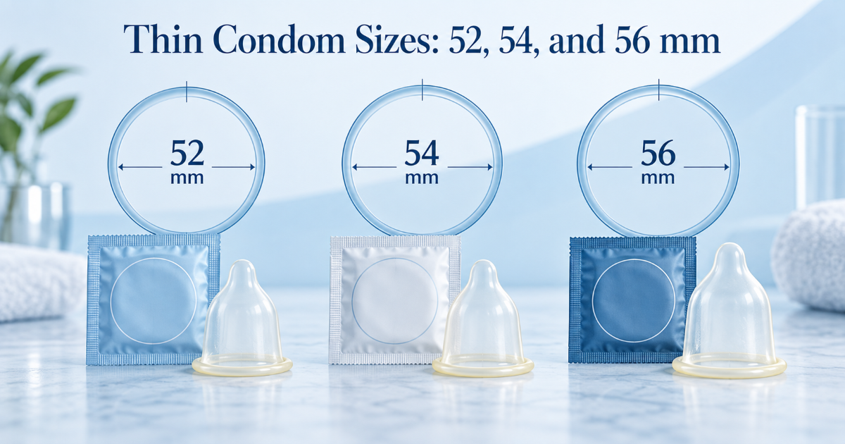 Condom size guide showing 52 mm 54 mm and 56 mm nominal width options for better fit and comfort