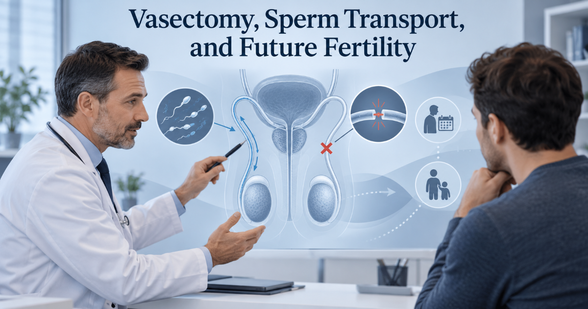 Educational diagram concept showing vasectomy history sperm transport blockage and fertility counselling options