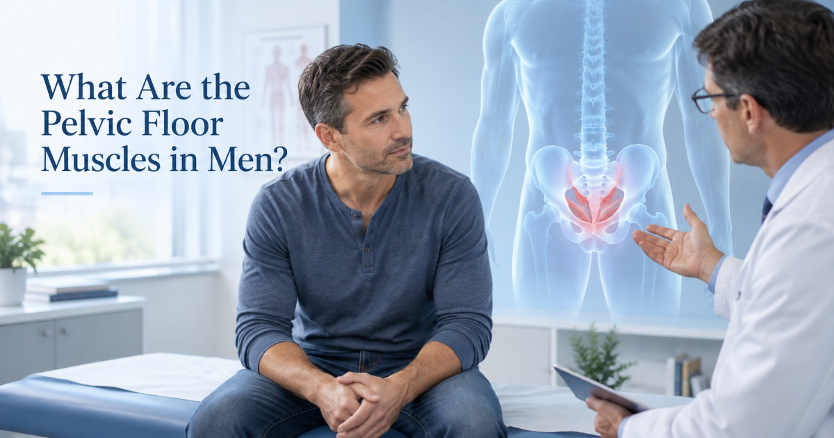 Medical illustration showing male pelvic floor muscles supporting the bladder bowel urethra and pelvic organs