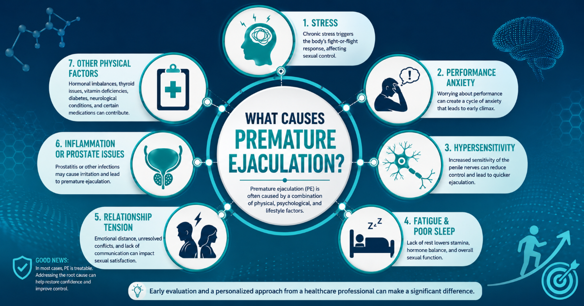 Premature ejaculation causes including biological sensitivity erectile dysfunction prostatitis thyroid factors anxiety stress and relationship factors