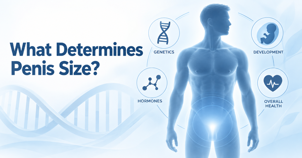 Medical illustration showing genetics puberty hormones body structure and anatomy as factors related to adult penis size
