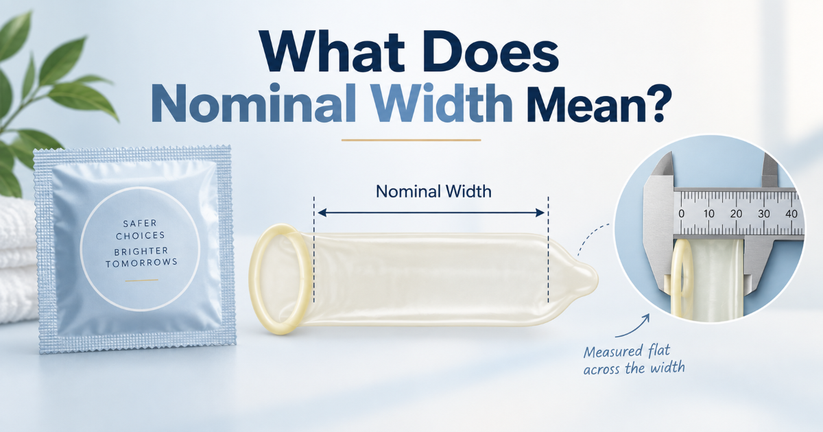 Condom package size label explaining nominal width in millimeters such as 49 52 54 and 56