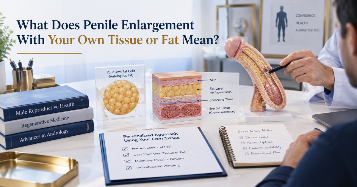 Medical illustration of penile enlargement with own tissue or fat showing patient decision points and safety considerations