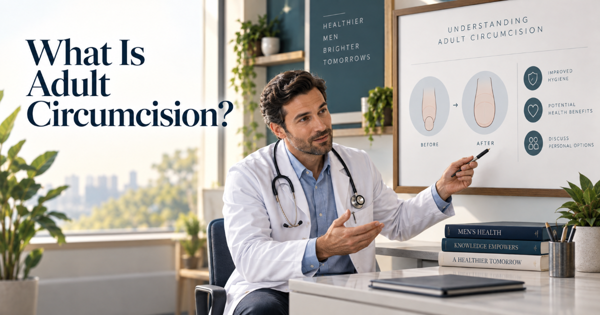 Adult circumcision consultation with a doctor explaining foreskin symptoms method options and recovery expectations