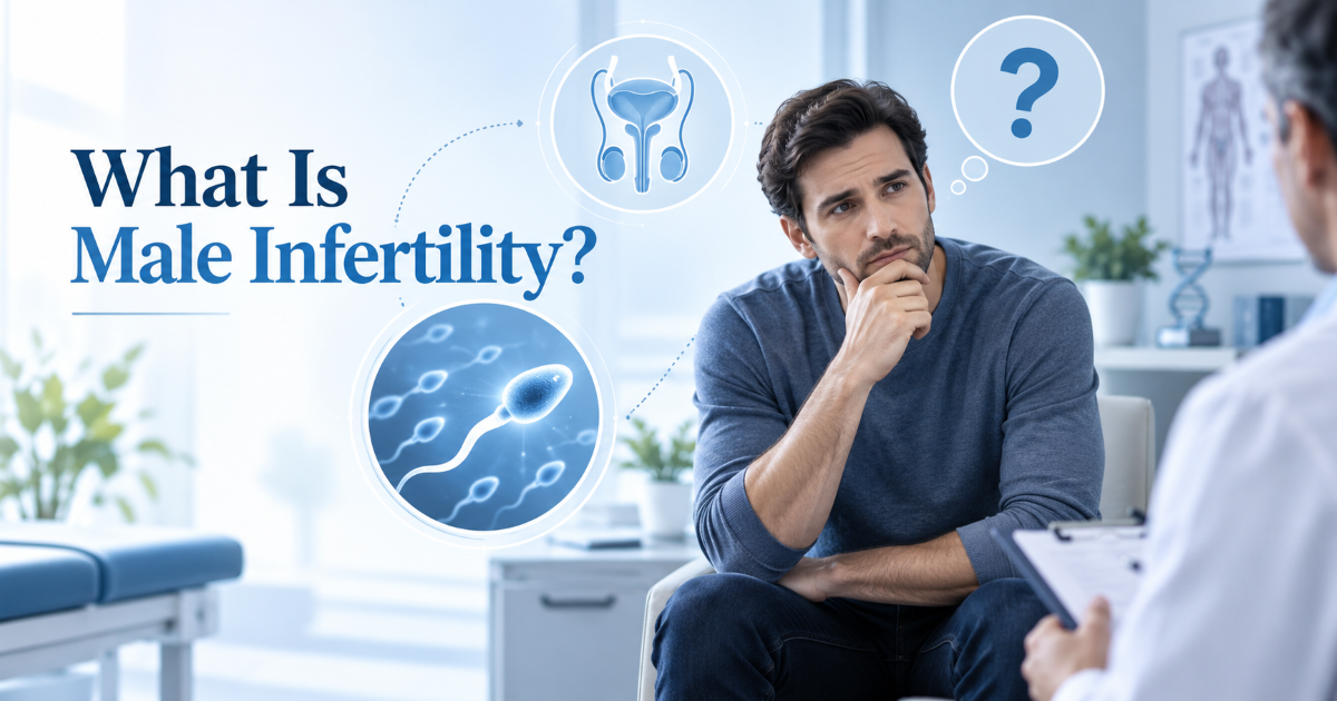 Male infertility overview showing sperm production hormones and reproductive health assessment