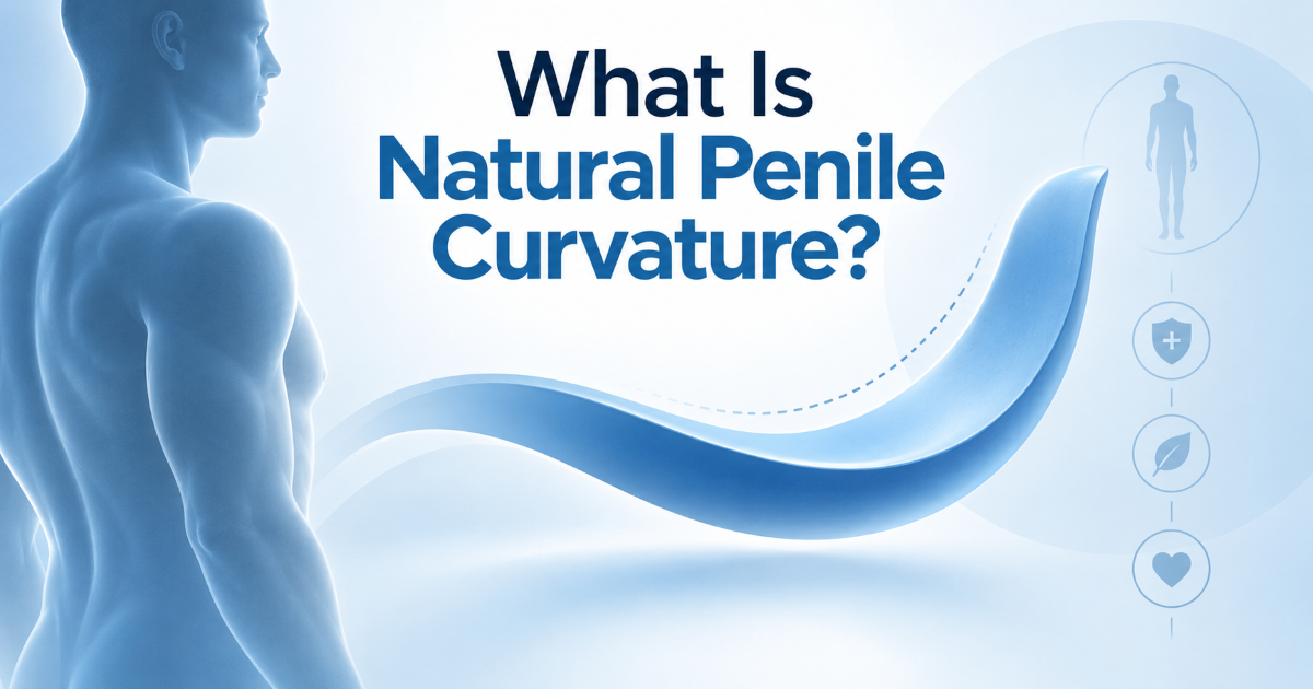 Clean medical concept image showing natural penile curvature as a stable anatomical variation without pain or plaque