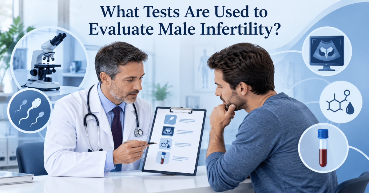 Semen analysis and male fertility testing pathway with medical history physical exam hormone testing and specialist review