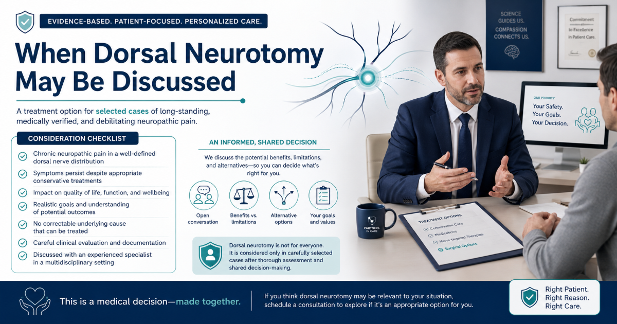 When dorsal neurotomy may be discussed for selected premature ejaculation cases after conservative treatment and medical assessment