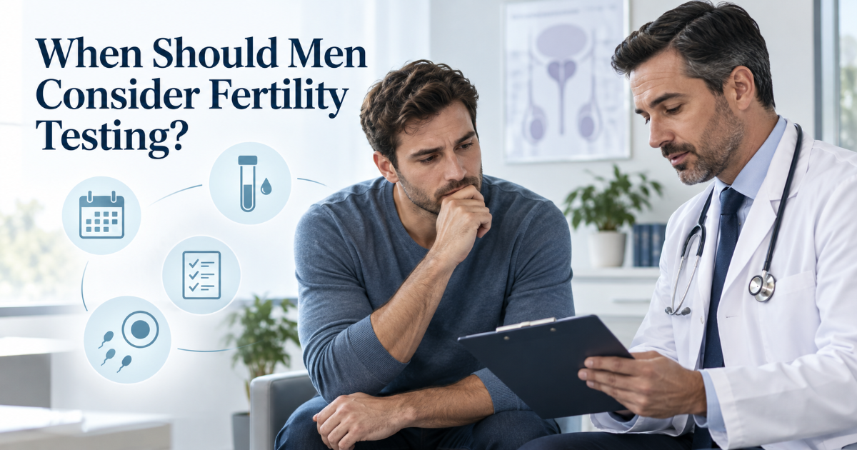 Man discussing fertility testing timeline with a doctor in a private clinic consultation