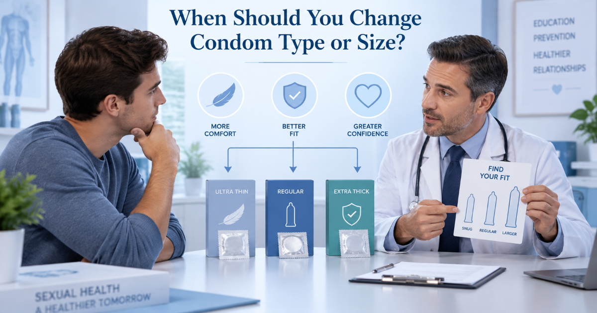 Condom fit problems including tightness slipping repeated breakage irritation and when to change size or seek medical advice