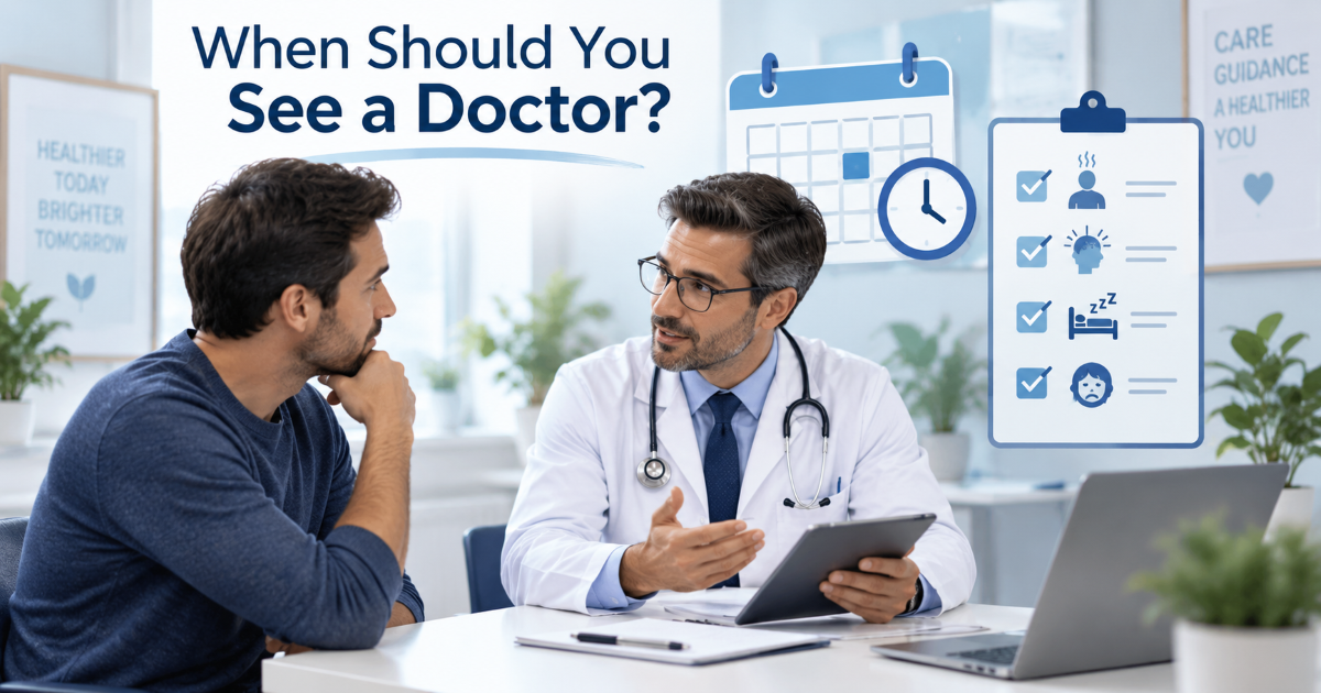 Doctor consultation visual for penile curvature warning signs including pain plaque worsening bend and erectile difficulty