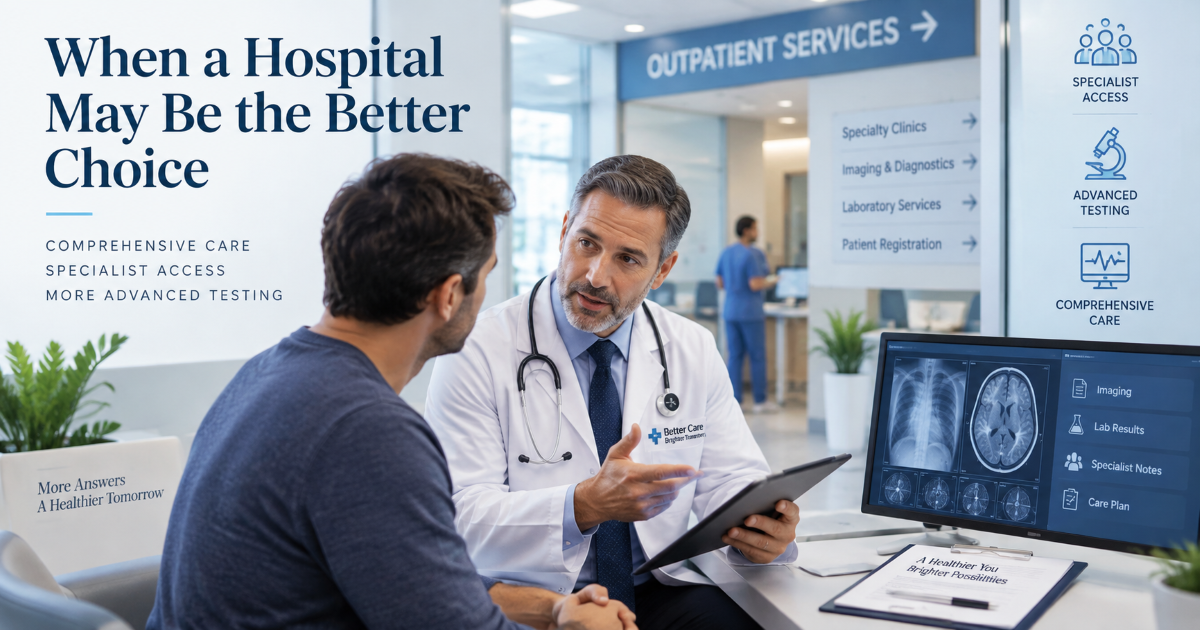 When hospital care may be more appropriate for STI concerns including severe symptoms complications and time-sensitive exposure