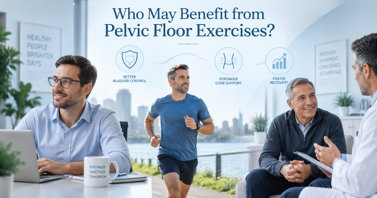 Man reviewing pelvic floor exercise benefits for urinary control post urination dribbling and men's health support