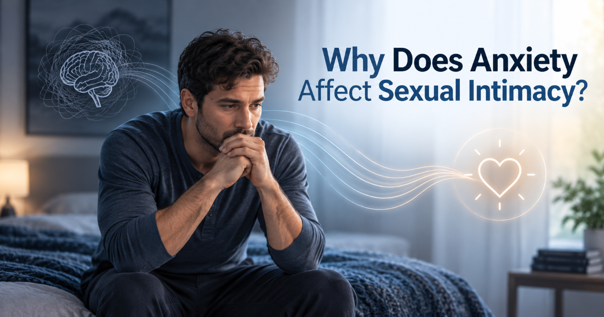 Medical illustration of stress response overthinking and body tension affecting sexual intimacy