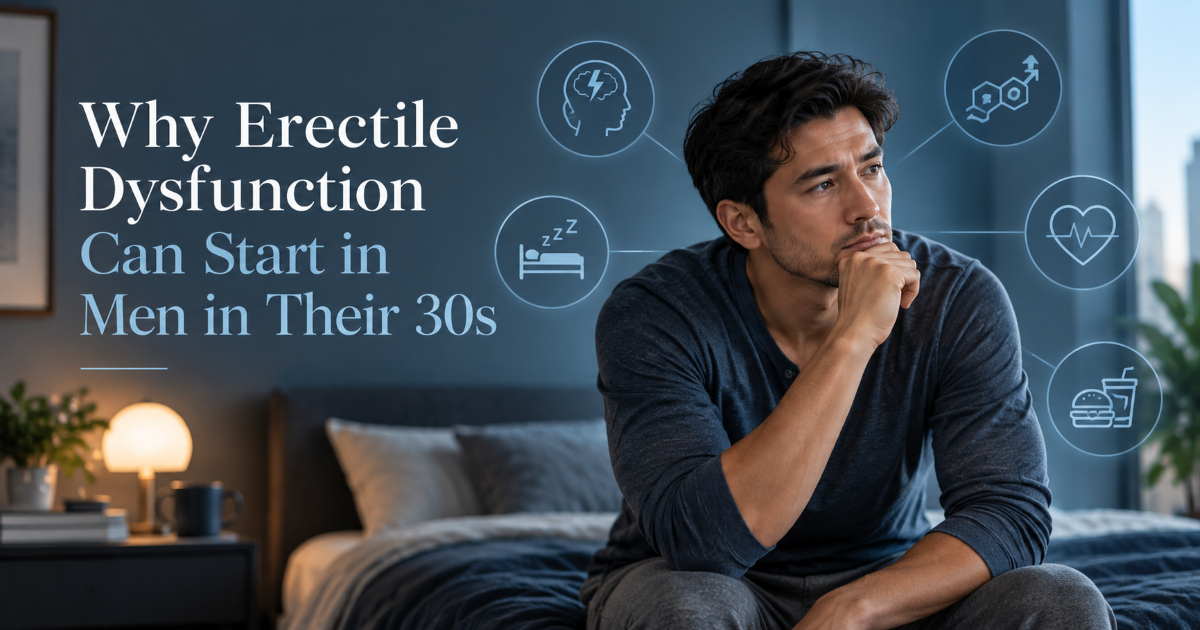 Man in his 30s discussing early erectile dysfunction warning signs with a male doctor in a private clinic