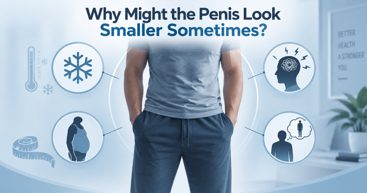 Medical visual explaining temporary reasons the penis may look smaller including stress fatigue incomplete erection and weight gain